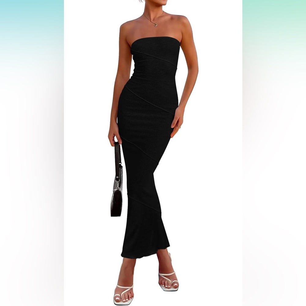 Womens Ribbed Maxi Bodycon Summer Strapless Tube Y2K Party Club Long Dress Black